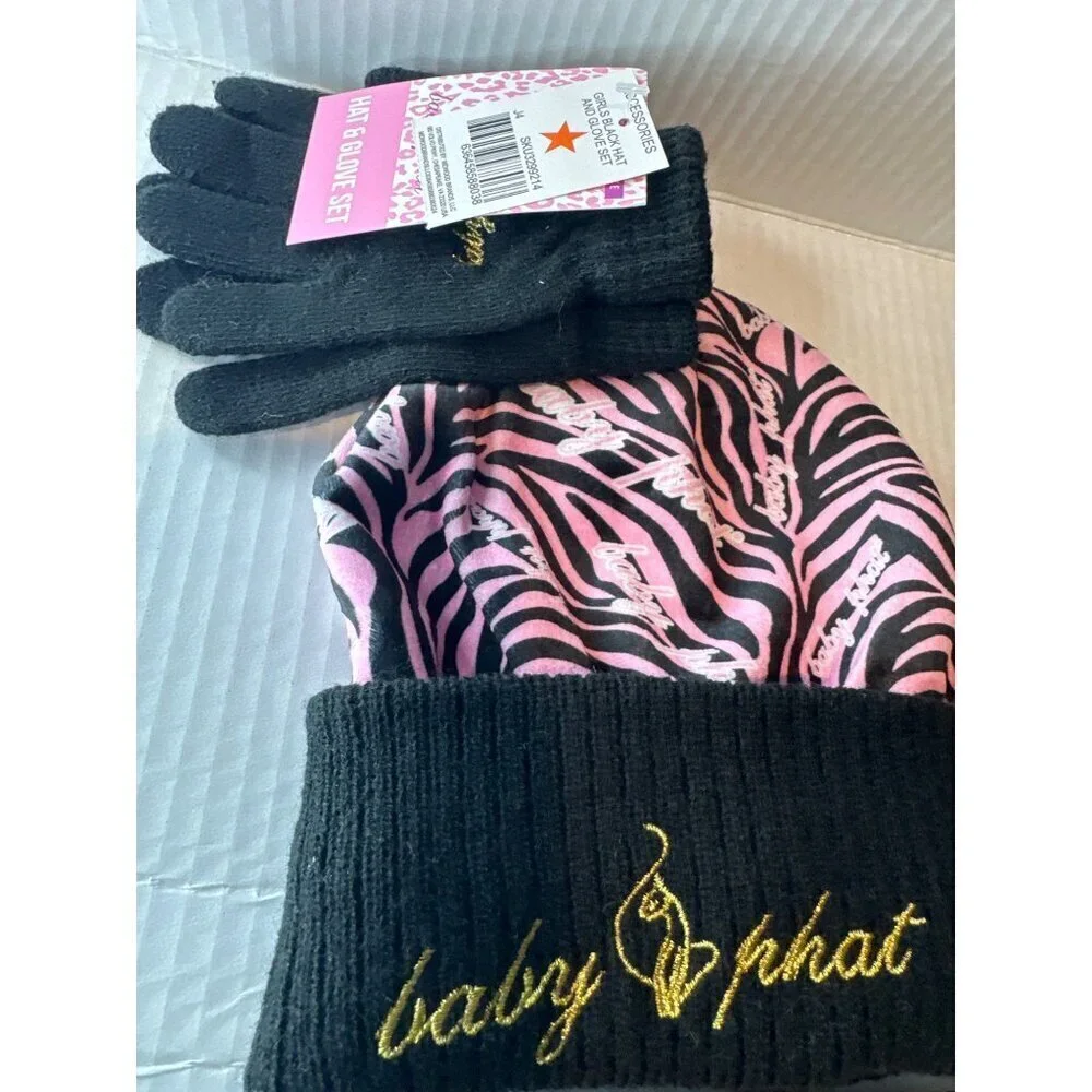 Baby Phat Girls’ Winter Hat & Gloves Set Pink Black Gold Logo Y2K Streetwear NWT